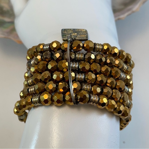 IMAN Glass Gold Metallic Six Strand Beaded Bracelet - Adjustable Rare Find - Picture 12 of 12
